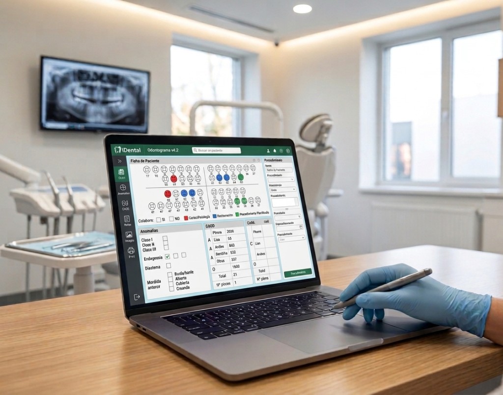 Profesional utilizando iDental en laptop con odontograma en consultorio odontológico