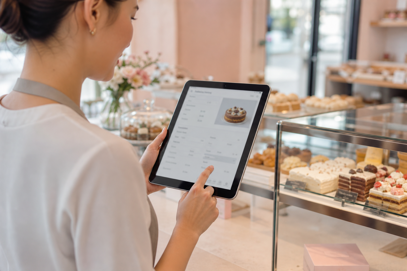 Personal de pastelería registrando pedidos desde una tablet en mostrador